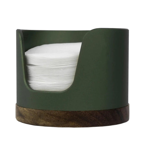 Slick Swivel Coffee Filter Paper Holder And Brewing Tool Caddy with dark green metal and wood, holding coffee filter papers.
