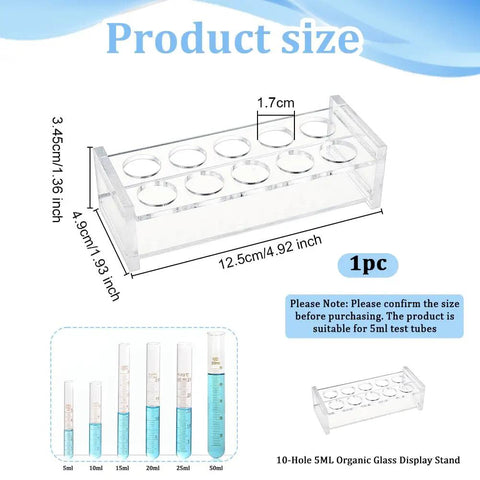 Acrylic 10 Hole Test Tube Rack Display Stand For 5ml Tubes, Clear Lab Organizer with Dimensions and Tube Capacity