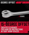 15-degree offset feature of four piece flare nut wrench set for clearance in tight spaces, focus on metric sizes and chrome vanadium steel