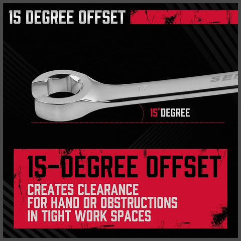 15-degree offset feature of four piece flare nut wrench set for clearance in tight spaces, focus on metric sizes and chrome vanadium steel