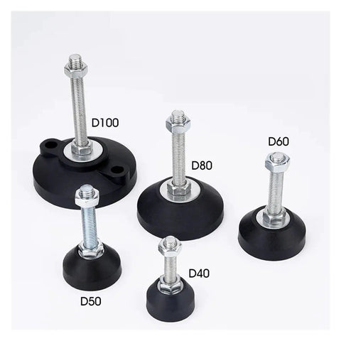 Heavy Duty Adjustable Leveling Feet With Swivel Articulating Base Tough As Nails Lathe Leg And Foot Pad No Sweat Setup Rock Steady Support M12 Thread 1 Piece, various sizes with rubber pads.