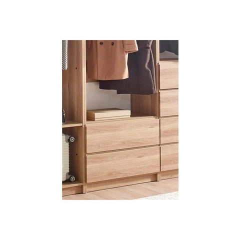 Custom Walk In Closet System With Sturdy Wooden Drawers And Flexible Shelves Modular Wardrobe Organizer featuring wooden drawers and built-in shelves.