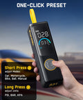 Hand holding X9 Apex Portable Tire Inflator Cordless Pump With 150 PSI Lightning Fast 35 Second Inflation Built In Light And Power Bank