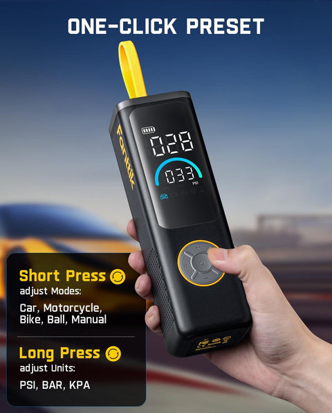 Hand holding X9 Apex Portable Tire Inflator Cordless Pump With 150 PSI Lightning Fast 35 Second Inflation Built In Light And Power Bank
