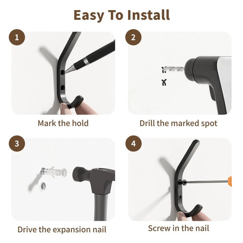 Installation steps for 10 Pack Black Wall Hooks With 3.2 Inch Double Hooks For Coats Hats Bags And Keys