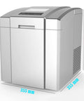 Slick Compact Countertop Ice Maker Machine Yielding Lightning Fast Five Minute Cubes With Whisper Quiet Operation and Easy Self Cleaning, shown from the front with dimensions.