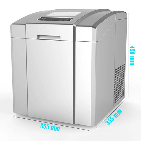 Slick Compact Countertop Ice Maker Machine Yielding Lightning Fast Five Minute Cubes With Whisper Quiet Operation and Easy Self Cleaning, shown from the front with dimensions.