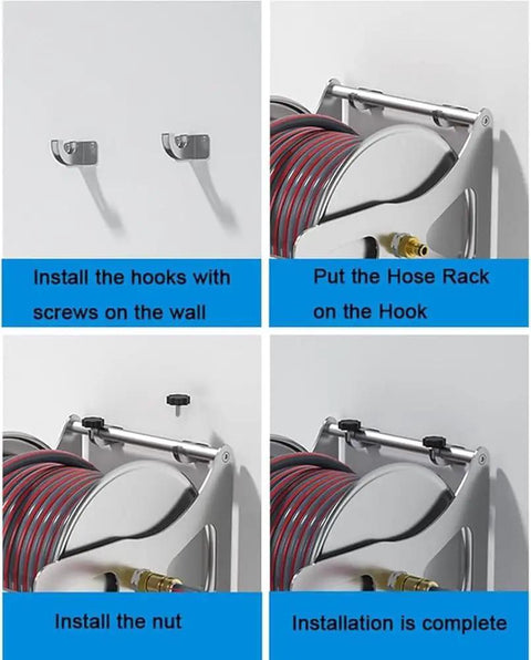 Installation steps for Heavy Duty Retractable Garden Hose Reel Kit With 130 Foot Flexible Tubing And Wall Or Ground Mount Brackets.