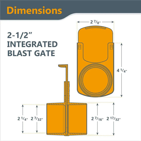 Dimensions of 2-1/2" integrated blast gate fitting for dust collection systems, showcasing size and design details.