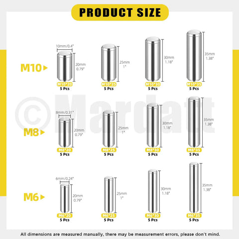 60Pcs 12 Size 304 Stainless Steel Dowel Pins Set M6 M8 M10 Assortment For Shelf Support Peg Pins And Rod Fasteners Durable Hardware For Metal Projects And Furniture Installation, showing different pin sizes.