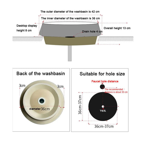 Bathroom Vessel Sink Vintage Hand Engraving Skirted Vessel, Ceramic Round Sink dimensions, drain hole details, and design features.