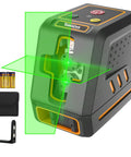 Self Leveling Cross Line Laser Level With 100ft Range Green Beam 10 Brightness Levels Carrying Pouch Included Ideal For Picture Hanging DIY Construction Indoor Projects. black laser level with green cross lines, batteries, pouch, and mounting bracket