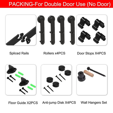 Heavy Duty Sliding Barn Door Hardware Kit For Bypass Or Double Doors, Adjustable 122 To 400 Cm Track, shown with rails, rollers, and hardware.