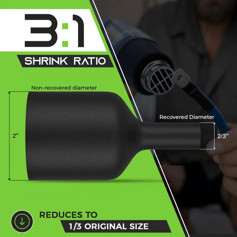 Beefed Up 2 Inch Heat Shrink Tubing Kit 50 Ft with 3:1 Shrink Ratio showing shrink process and heat gun in use.