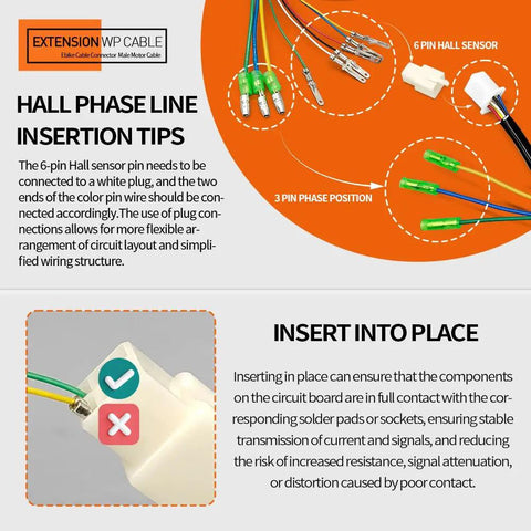 Diagram of 9 Pin Waterproof Ebike Motor Cable Connector with Hall Sensor and insertion tips