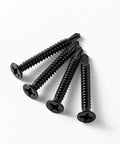 Heavy Duty Flat Head Sheet Metal Screws, Phillips Drive Self Tapping Wood Screws, 410 Stainless Steel Black Oxide Finish, Built Like A Tank For Rough Work, Zero Sweat Installation And Corrosion Resistant Coating, 100 Pack Size, four screws displayed on a white background.