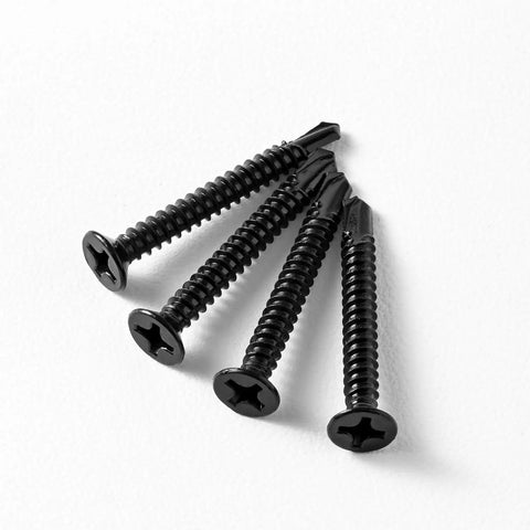 Heavy Duty Flat Head Sheet Metal Screws, Phillips Drive Self Tapping Wood Screws, 410 Stainless Steel Black Oxide Finish, Built Like A Tank For Rough Work, Zero Sweat Installation And Corrosion Resistant Coating, 100 Pack Size, four screws displayed on a white background.