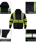 Front view of High Visibility Hoodie For Men With Reflective ANSI Class 3 Safety, Detachable Hood And Stand Collar, Hi Vis Construction Work Sweatshirt, showing zipper hood, chest pocket, and reflective tape detail.