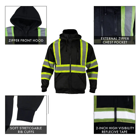 Front view of High Visibility Hoodie For Men With Reflective ANSI Class 3 Safety, Detachable Hood And Stand Collar, Hi Vis Construction Work Sweatshirt, showing zipper hood, chest pocket, and reflective tape detail.