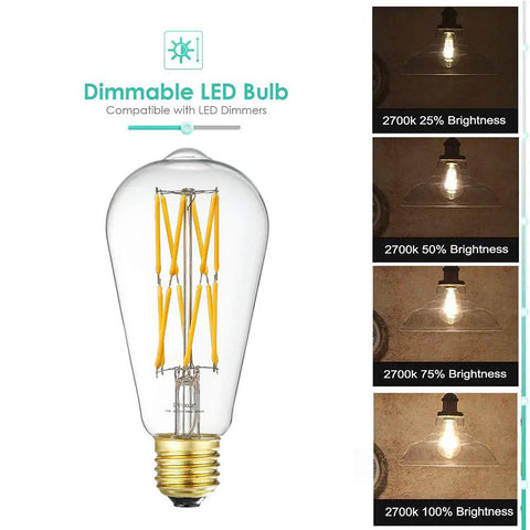 Old School Edison Style LED Bulb 10W Dimmable, 100W Equivalent, Clear Glass, Warm White 2700K, 1200Lm, E26 Base brightness settings
