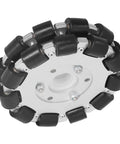 Front view of a silver aluminum 127mm omni wheel with black rollers around the circumference for robot applications.