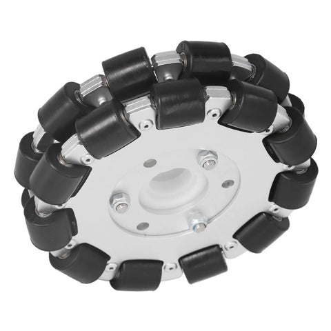 Front view of a silver aluminum 127mm omni wheel with black rollers around the circumference for robot applications.