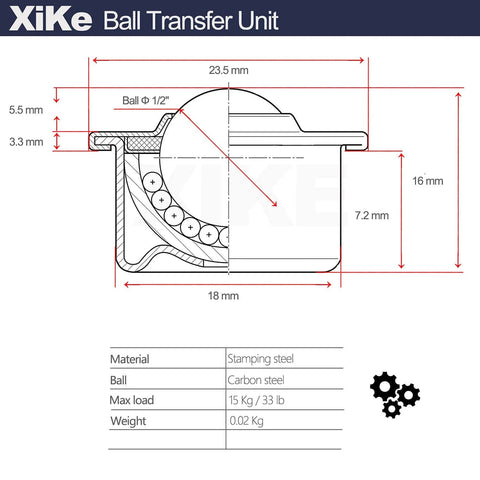 Diagram of Eight Pack Half-Inch Roller Ball Transfer Bearings For Roller Stands Transfer Equipment And Transmission Systems CY-12H Type Heavy Duty Ball Transfer Units with dimensions and specifications.