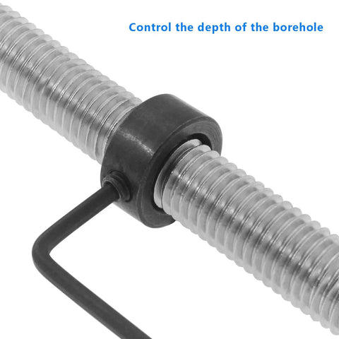 5mm Drill Bit Depth Stop Collar Set With Wrench shown on threaded rod, black oxide finish, for consistent hole depth