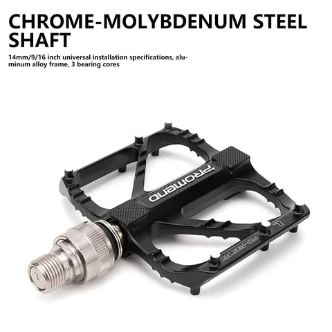 Close-up of Ultralight 9/16 Inch Bike Pedals With Quick Release And 3 Bearing Design, alloy platform with chrome-molybdenum shaft.