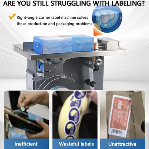 Semi Automatic Right Angle Label Applicator Machine With Microcomputer Control For High Accuracy Industrial Printing And Packaging Use Featuring 200W Power Output Efficiently Applying Fifteen To Thirty Labels Per Minute With Light Sensor Technology For showing use on various packaging.