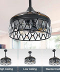 36 Inch Matte Black Crystal Ceiling Fan With Light And Remote, for indoor use showing different ceiling mounts with 3 retractable blades.