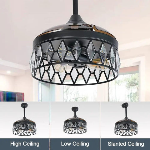36 Inch Matte Black Crystal Ceiling Fan With Light And Remote, for indoor use showing different ceiling mounts with 3 retractable blades.