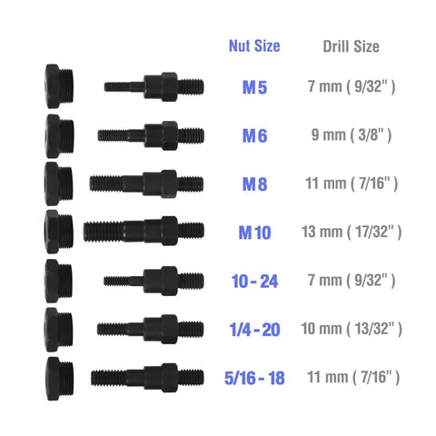 Mandrels and nuts from 15 Inch Hand Rivet Nut Setter Kit With 79 Piece High Leverage Rivet Nut Tool Set, metric and SAE sizes