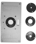 Pro Level Woodworking Router Table Insert Plate With Quick Flip Panel And Heavy Duty Drill Chuck Trim Tool Kit showing durable steel plate and attachable rings.