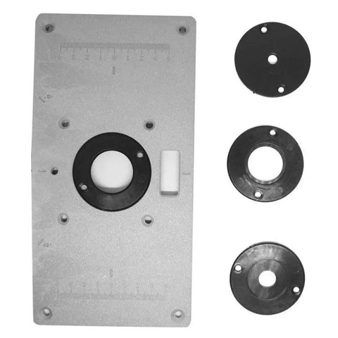 Pro Level Woodworking Router Table Insert Plate With Quick Flip Panel And Heavy Duty Drill Chuck Trim Tool Kit showing durable steel plate and attachable rings.