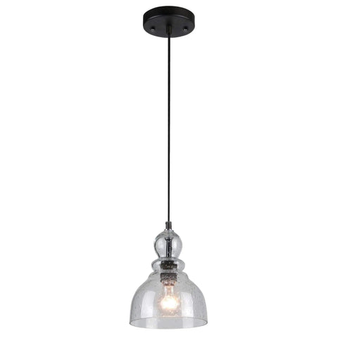 Two Pack One Light Adjustable Mini Pendant With Hand Blown Clear Seeded Glass In Oil Rubbed Bronze Finish, hanging from ceiling mount.