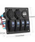 All In One 4 Gang Waterproof Marine Rocker Switch Panel With 12A 24V Capacity, Dual 2.1A USB Fast Chargers, Digital Voltmeter And Cigarette Lighter Socket, Perfect for Pontoon Boats, RVs, Trucks, ATVs And UTVs. 12.3cm black aluminum panel
