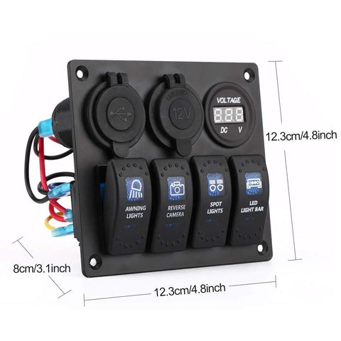 All In One 4 Gang Waterproof Marine Rocker Switch Panel With 12A 24V Capacity, Dual 2.1A USB Fast Chargers, Digital Voltmeter And Cigarette Lighter Socket, Perfect for Pontoon Boats, RVs, Trucks, ATVs And UTVs. 12.3cm black aluminum panel