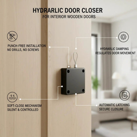 Hydraulic Door Closer For Interior Wood Doors With Adhesive Mounting No Drill Setup Soft Close Damper Silicone Body on door