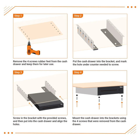Universal Under Counter Cash Drawer Mounting Bracket Kit For 13 To 16 Inch Drawers installation steps with tools and brackets.