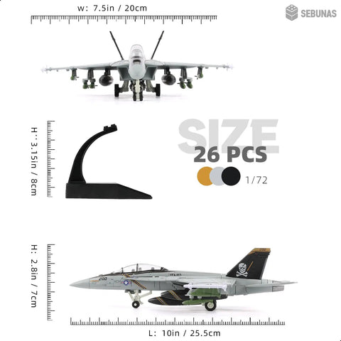 Front and side view of Quick Snap Together F-18 Fighter Jet Model Kit 1 72 Scale Jolly Rogers Edition With Stand No Glue