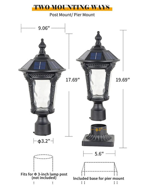 Solar Outdoor Post Light With Two Modes Aluminum Exterior Lantern Waterproof LED Post Lamps with mounting measurements