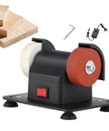Heavy Duty Mini Bench Grinder Packed With Dual Grinding Wheels For Sharpening And Deburring Compact Tabletop Sander on a workbench.