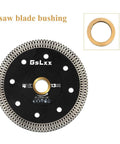 Front view of 4-pack brass saw blade bushings, 1"–5/8" adapter washers, 1.5 mm thick