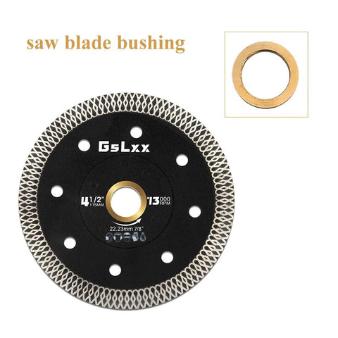 Front view of 4-pack brass saw blade bushings, 1"–5/8" adapter washers, 1.5 mm thick