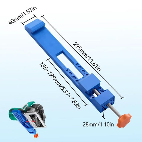 Universal Cutting Machine Base Guide for Circular Saws and Marble Cutters with size illustration and snap-on feature