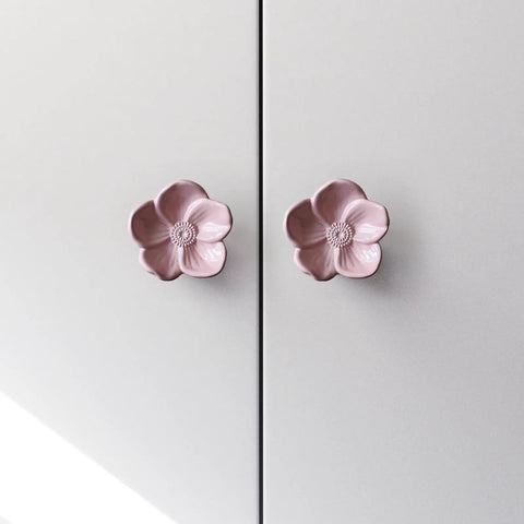 Solid Metal Pink Floral Cabinet Knobs 6 Pack Vintage Drawer Pulls Coquette Chic Vibe on a light cabinet surface.