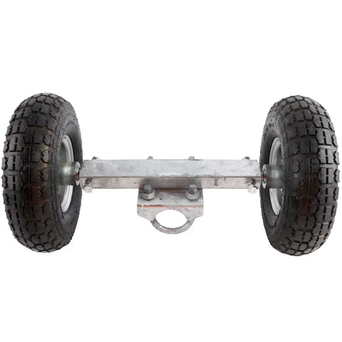 Heavy Duty 10 Inch Pneumatic Sliding Gate Wheels With Solid Carrier Frame For Chain Link Fences Rolls Like A Dream Fits 1 5/8 To 2 Inch Tracks top view of wheels and carrier frame