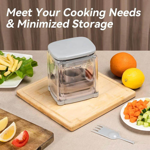 Badelite 3-in-1 vegetable cutter with stainless steel blades, clear housing and gray lid, front view on a wooden board.