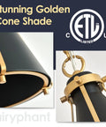Close-up of black cone shade with gold frame from Two Pack Dope Black And Gold Pendant Lights With Adjustable Chain for modern decor.